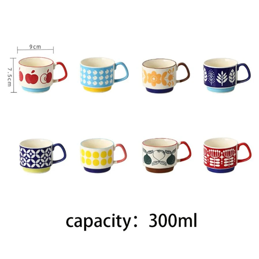 300ml Japanese Flower Coffee Mug Set Retro Ceramic Milk Oats Mug Office Water Handgrip Cup Kitchen Party Drinkware Set