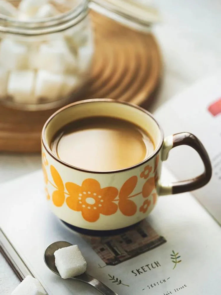 300ml Japanese Flower Coffee Mug Set Retro Ceramic Milk Oats Mug Office Water Handgrip Cup Kitchen Party Drinkware Set