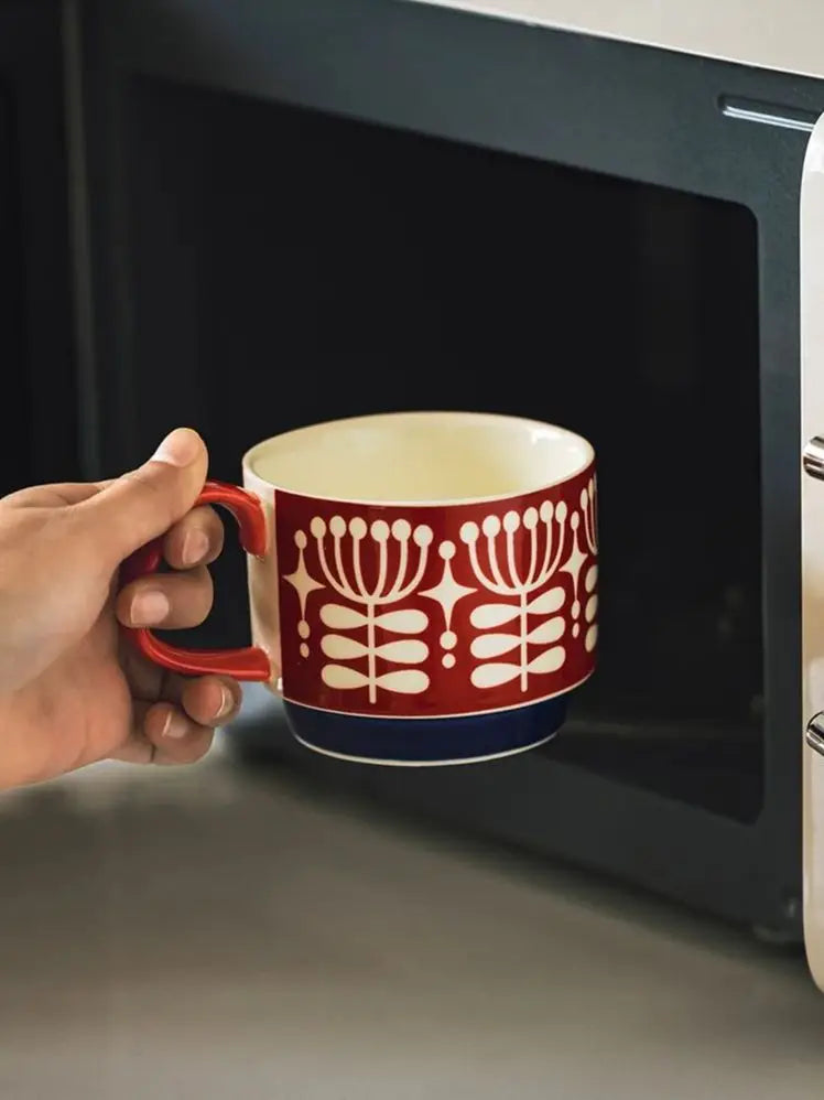 300ml Japanese Flower Coffee Mug Set Retro Ceramic Milk Oats Mug Office Water Handgrip Cup Kitchen Party Drinkware Set