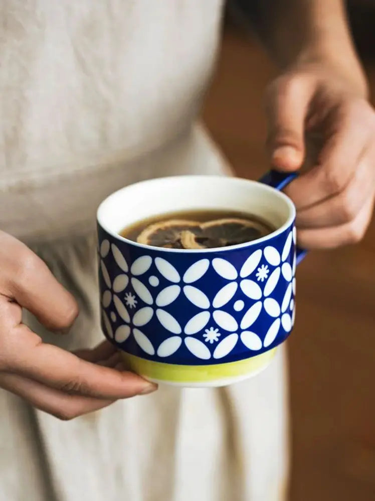 300ml Japanese Flower Coffee Mug Set Retro Ceramic Milk Oats Mug Office Water Handgrip Cup Kitchen Party Drinkware Set